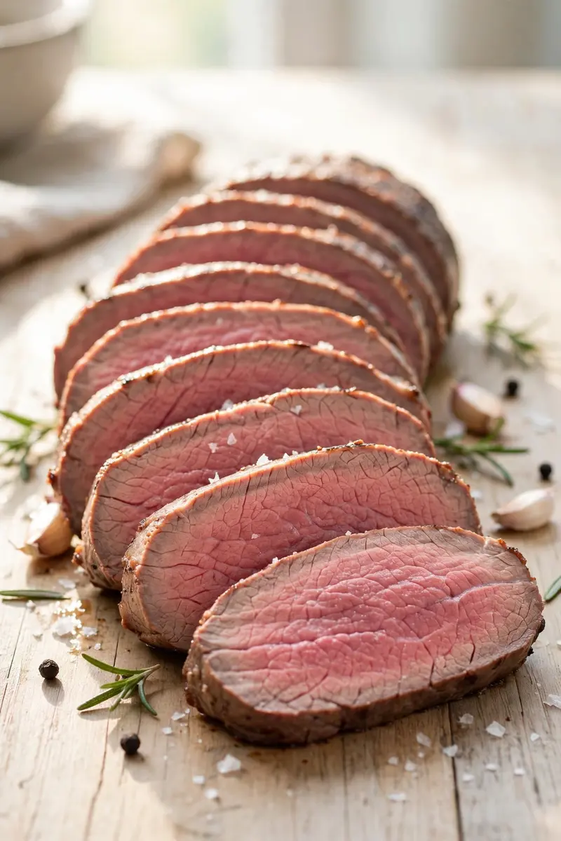 Slow roasted beef tenderloin with even rosy color, sliced