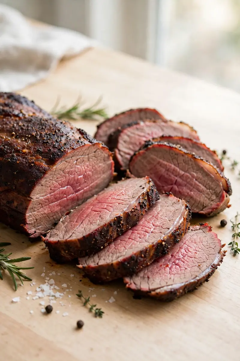 Smoked beef tenderloin with deep mahogany crust, sliced