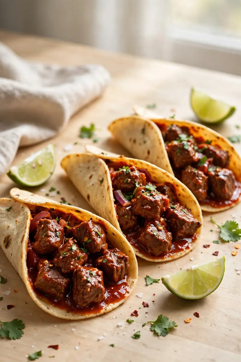 Smoky chipotle beef tips in warm tortillas with lime