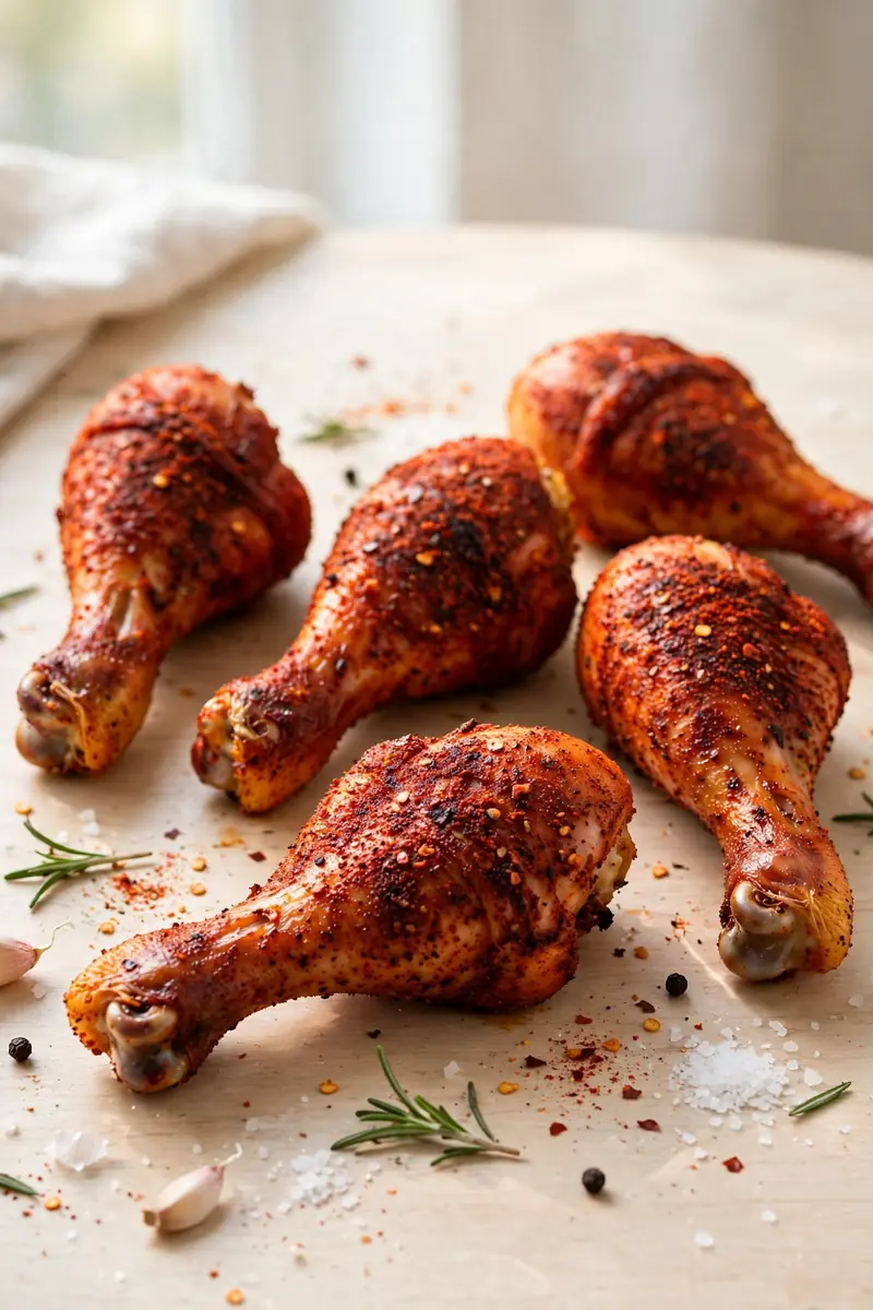 Smoky paprika chicken legs with deep red spice rub