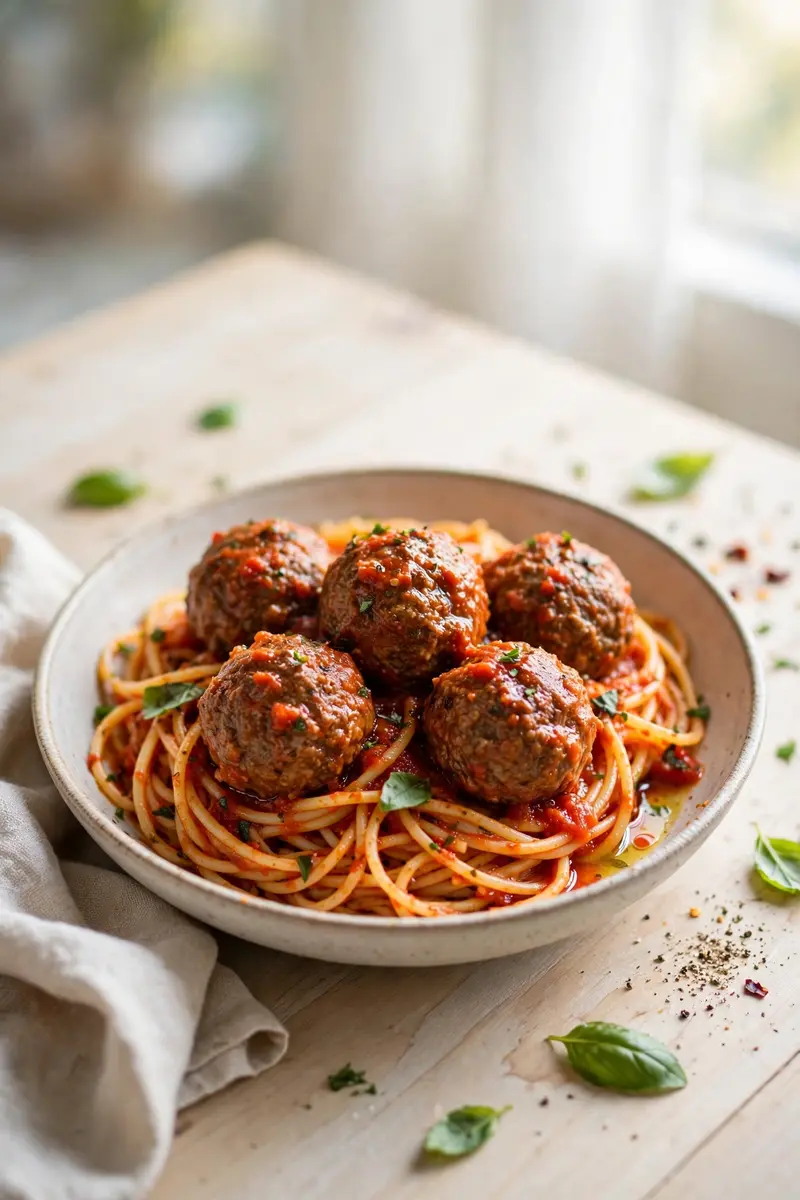 Spaghetti and meatballs with big juicy meatballs in marinara