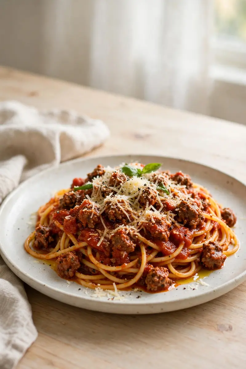 Spaghetti bolognese with rich meaty tomato sauce and parmesan