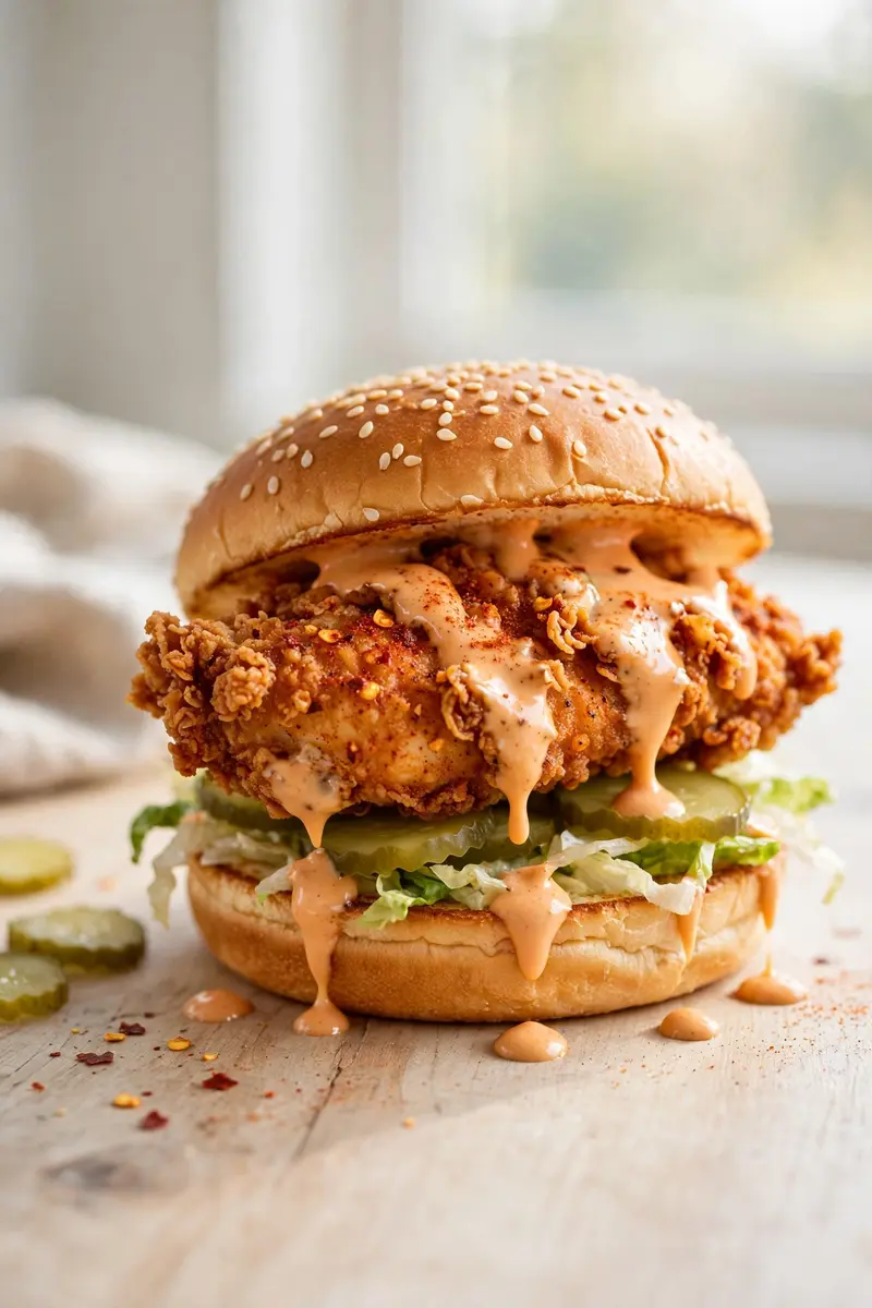 Spicy chicken sandwich with crispy cayenne dusted chicken and spicy mayo