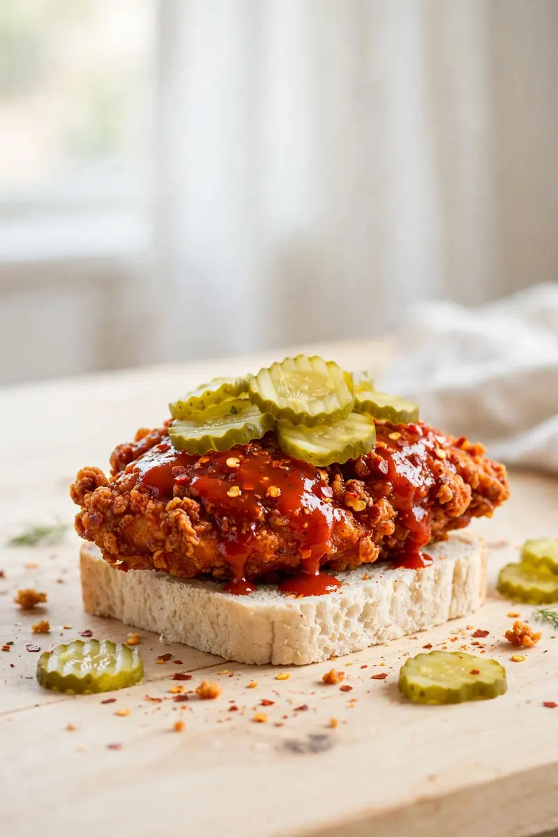 Spicy Nashville hot fried chicken with red cayenne glaze, pickles, and white bread