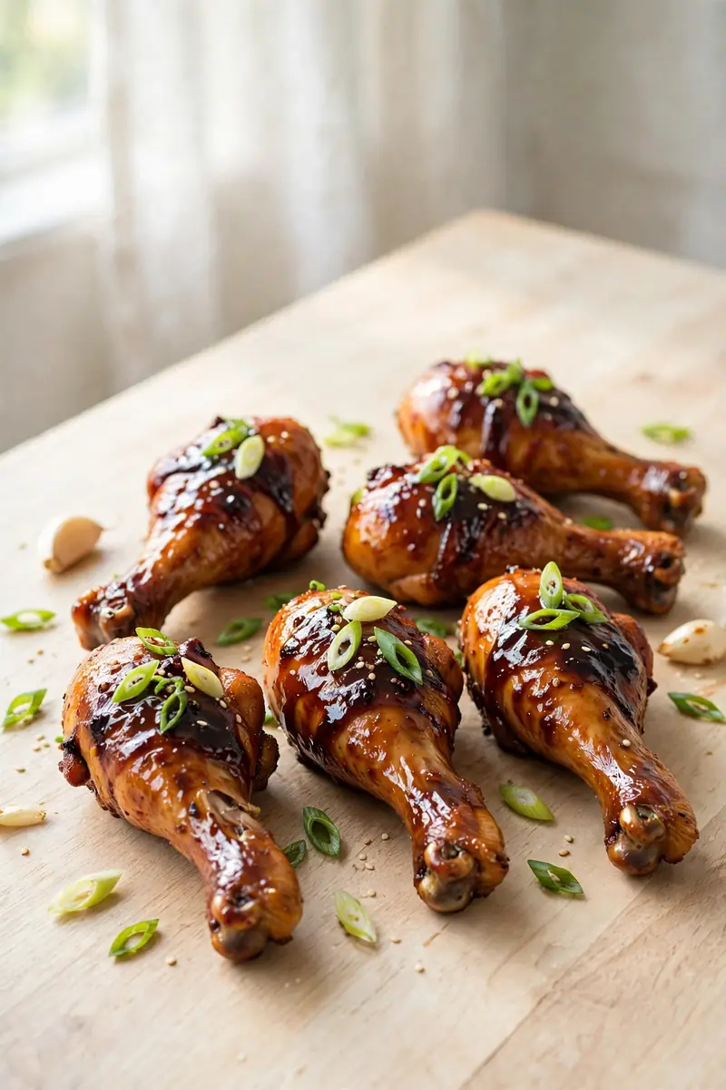 Sticky soy garlic chicken legs with dark glossy glaze and green onions