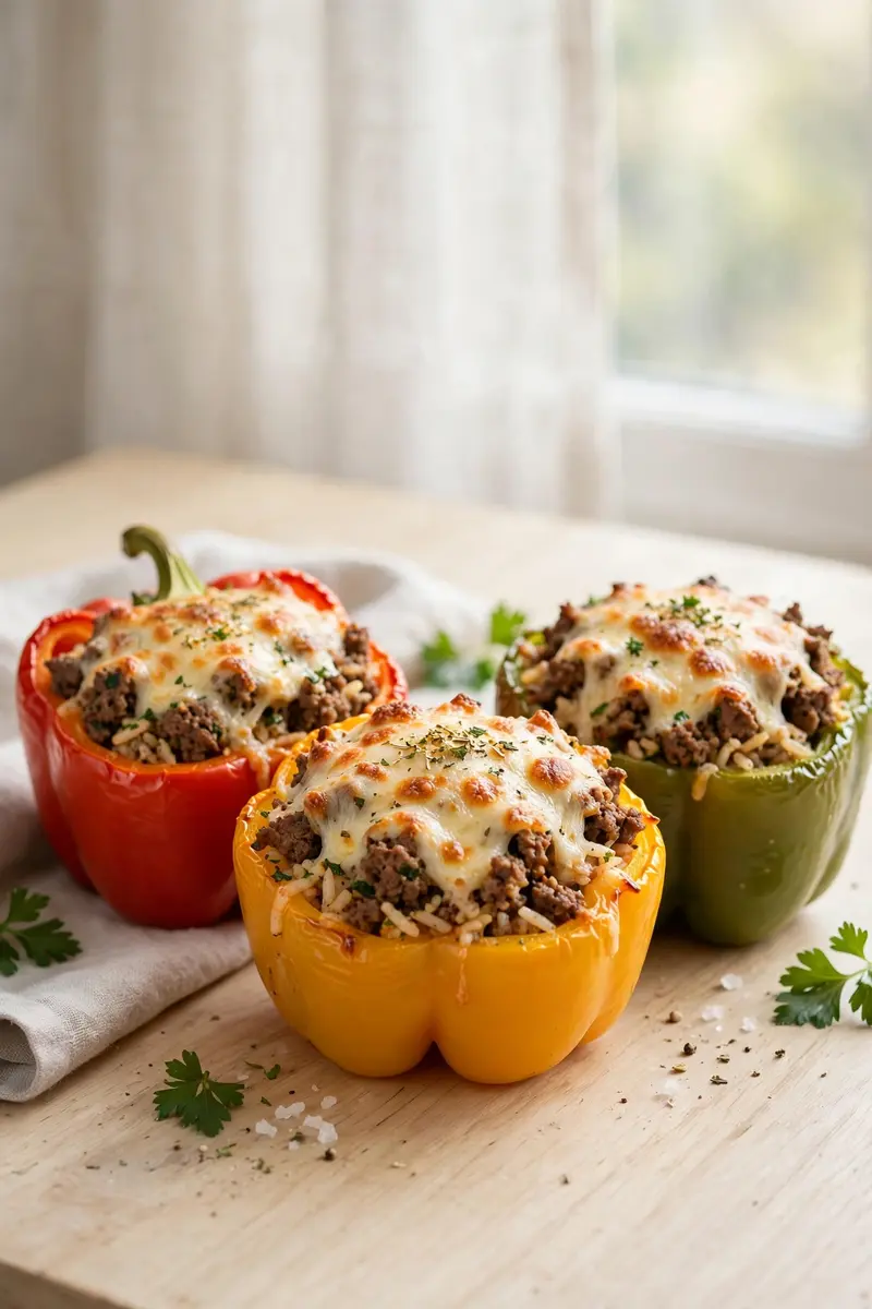 Stuffed bell peppers filled with seasoned beef and rice, topped with melted cheese
