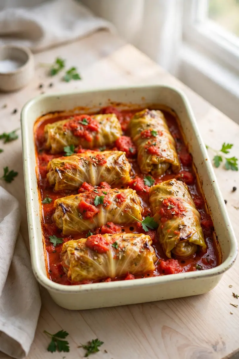 Stuffed cabbage rolls in tomato sauce in a baking dish