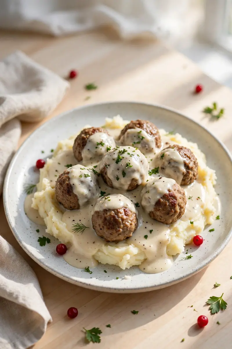 Swedish meatballs in creamy gravy over mashed potatoes