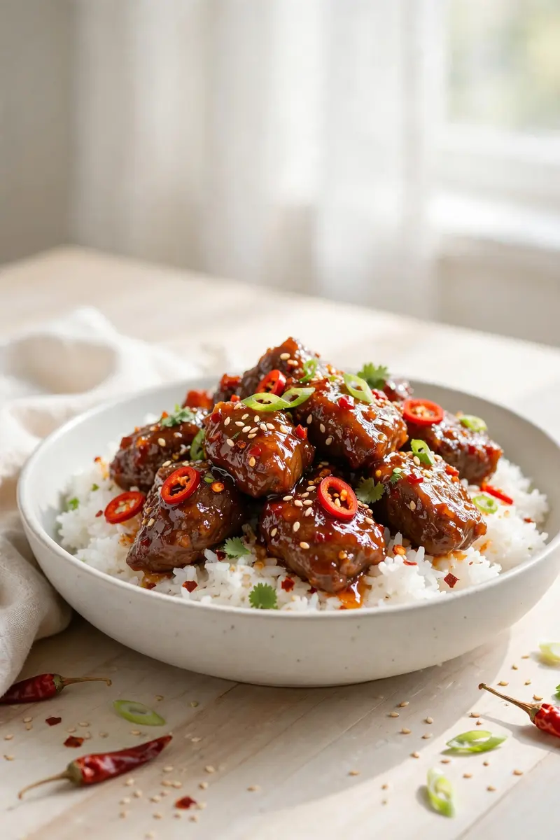 Sweet and spicy beef tips with honey chili glaze over rice