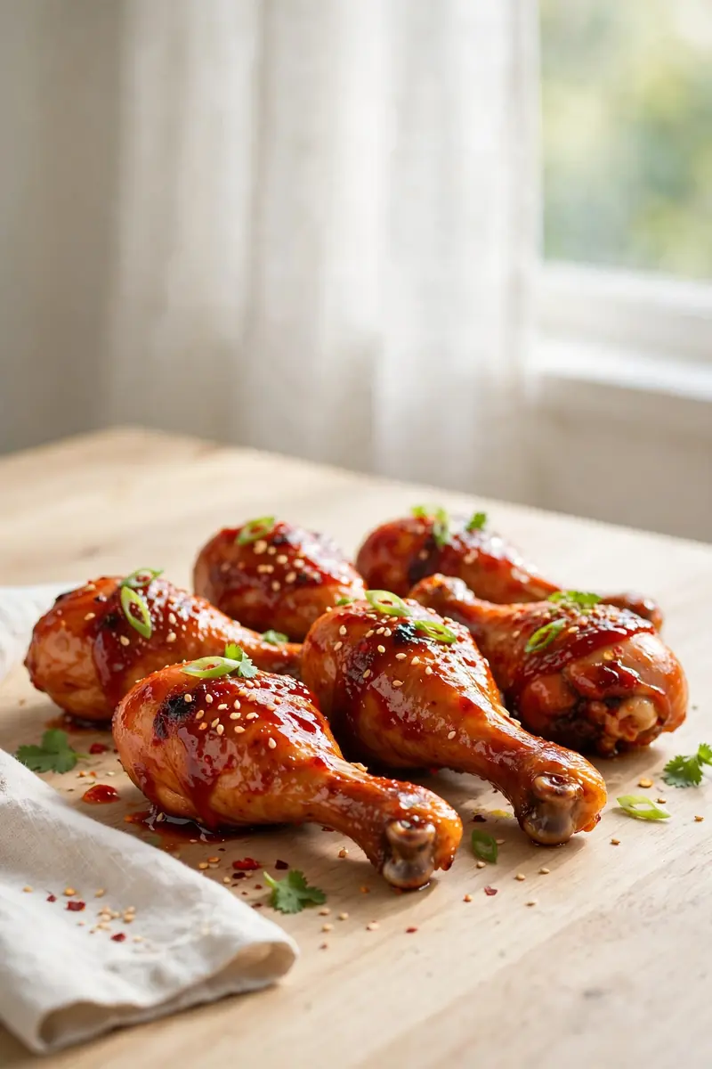 Sweet chili chicken legs with glossy red glaze