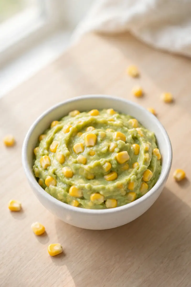 Sweet corn and avocado mash for baby in a white bowl