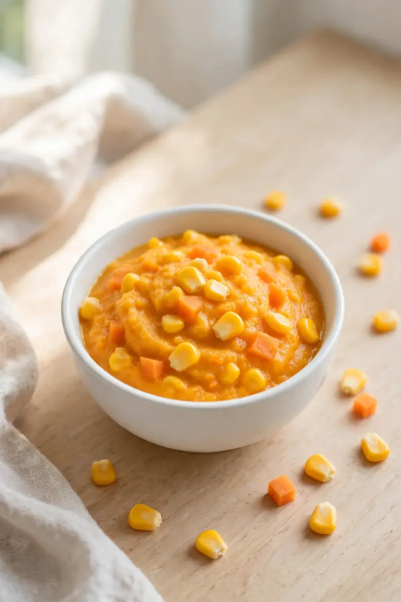 Sweet corn and carrot puree for baby in a white bowl