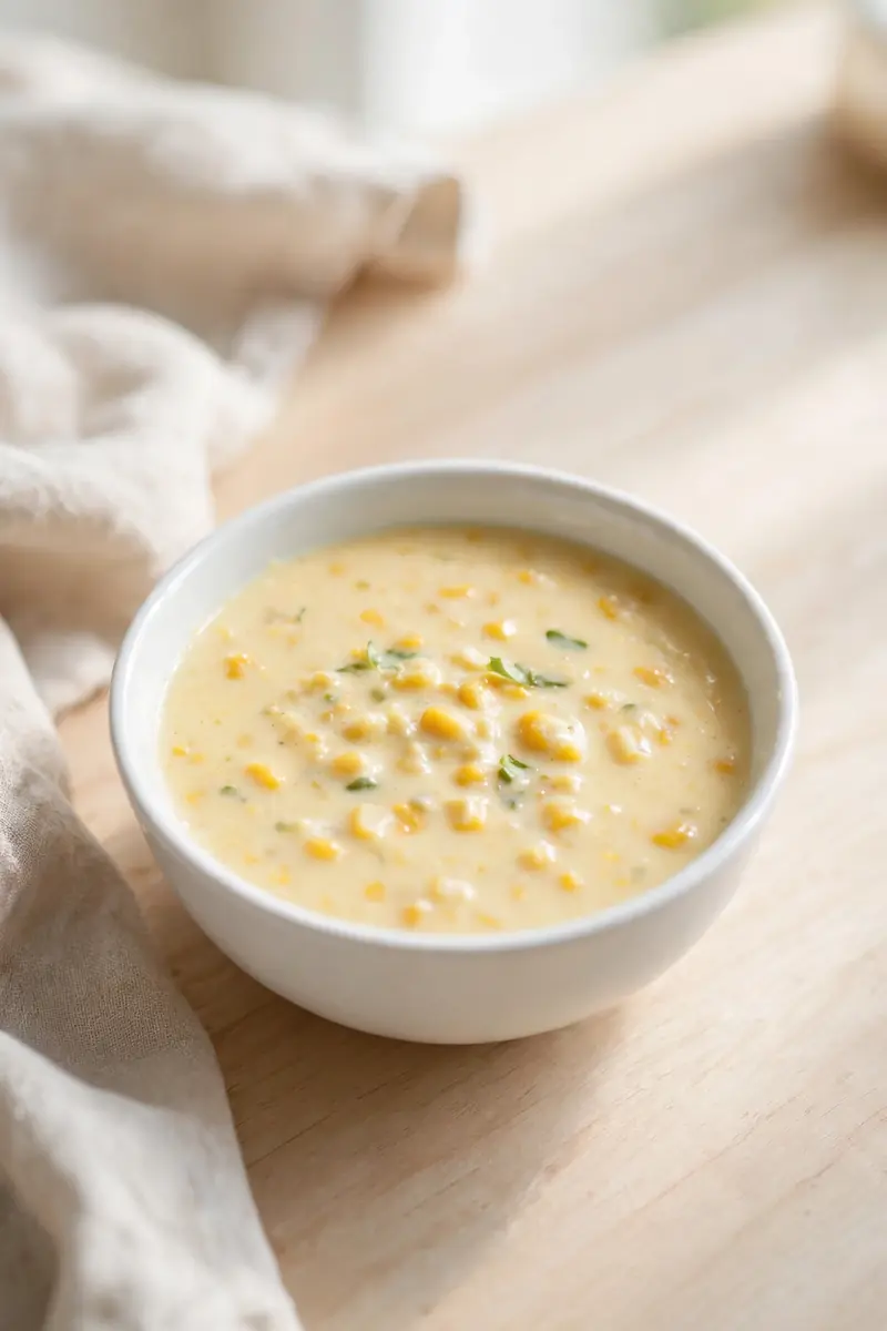 Blended sweet corn chowder for baby in a white bowl