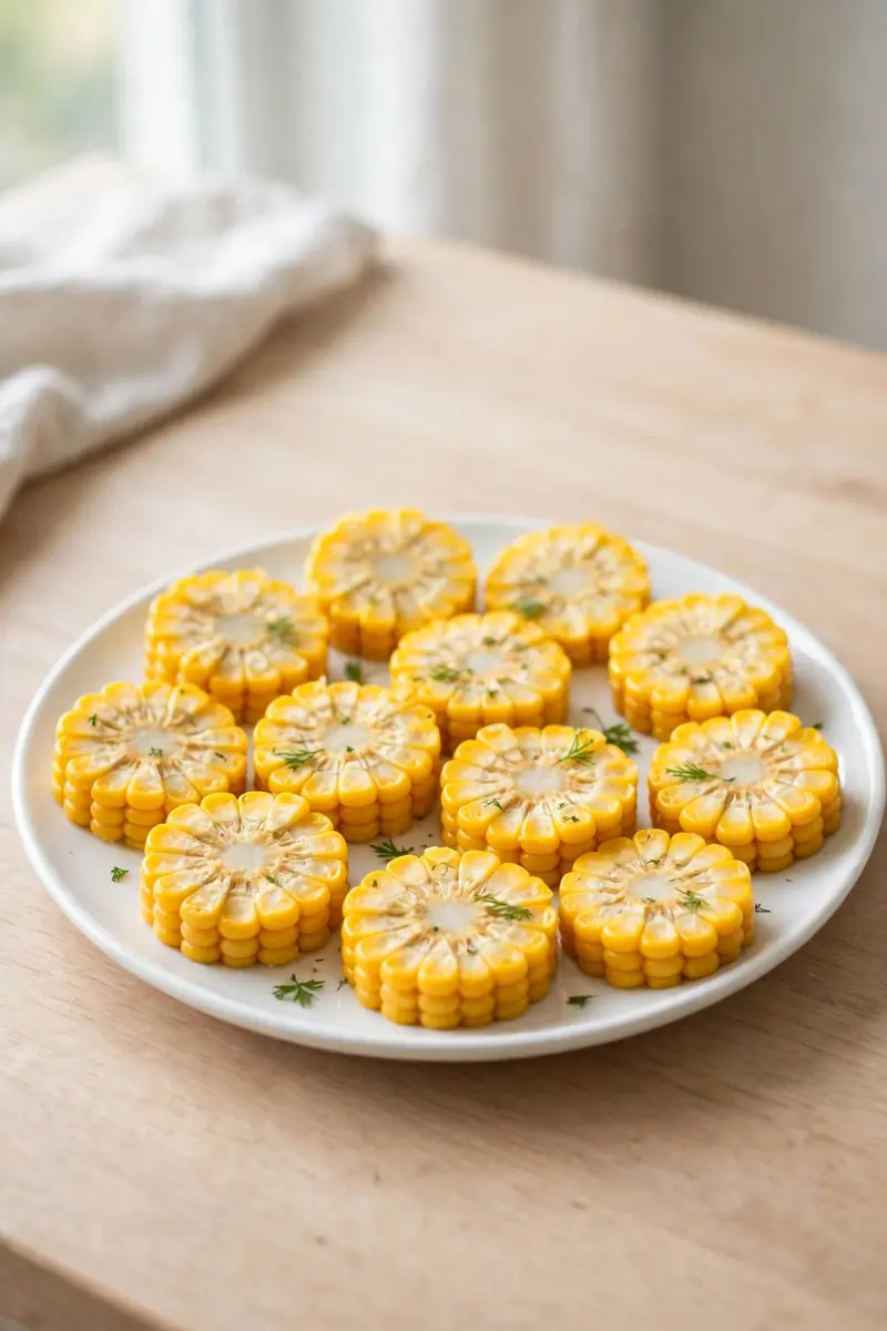 Cooked sweet corn on the cob cut into rounds for baby