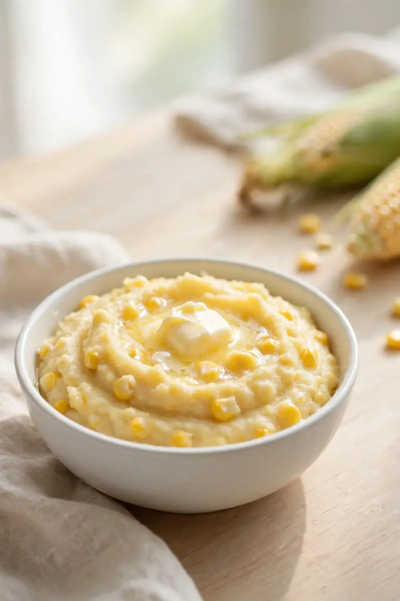 Creamed sweet corn mash for baby with a melting knob of butter