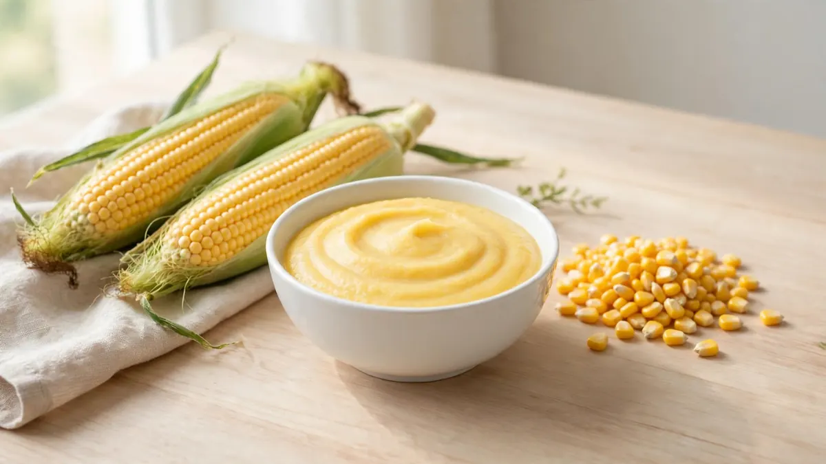 Bowl of corn puree with corn cobs