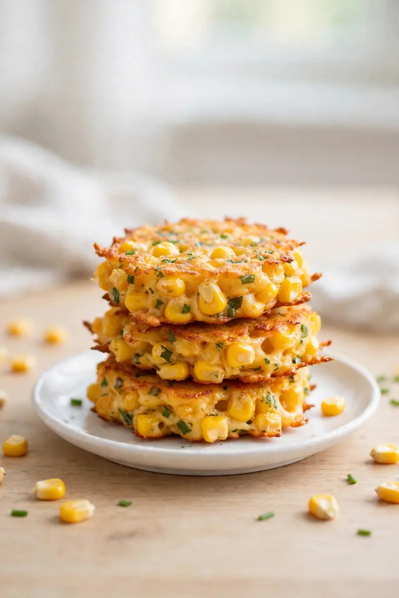 Cheesy sweetcorn fritters for baby on a white plate