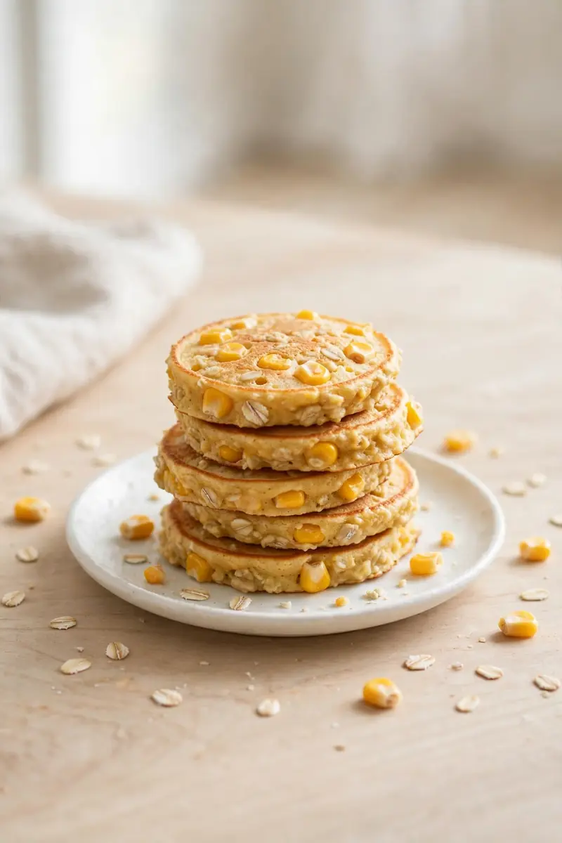 Mini corn and oat pancakes for baby on a white plate