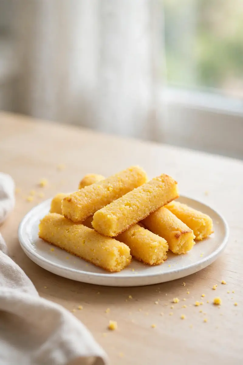 Soft polenta fingers for baby on a white plate