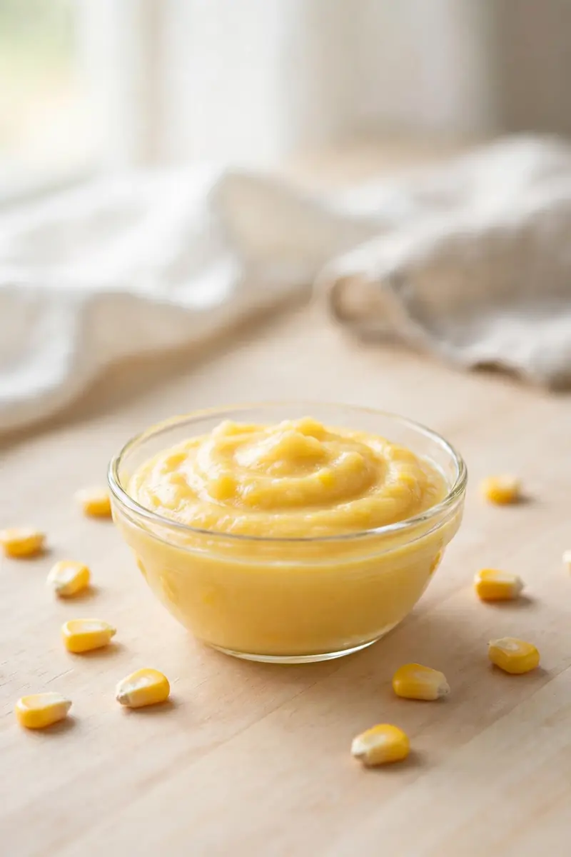Silky sweet corn puree for baby in a small glass bowl