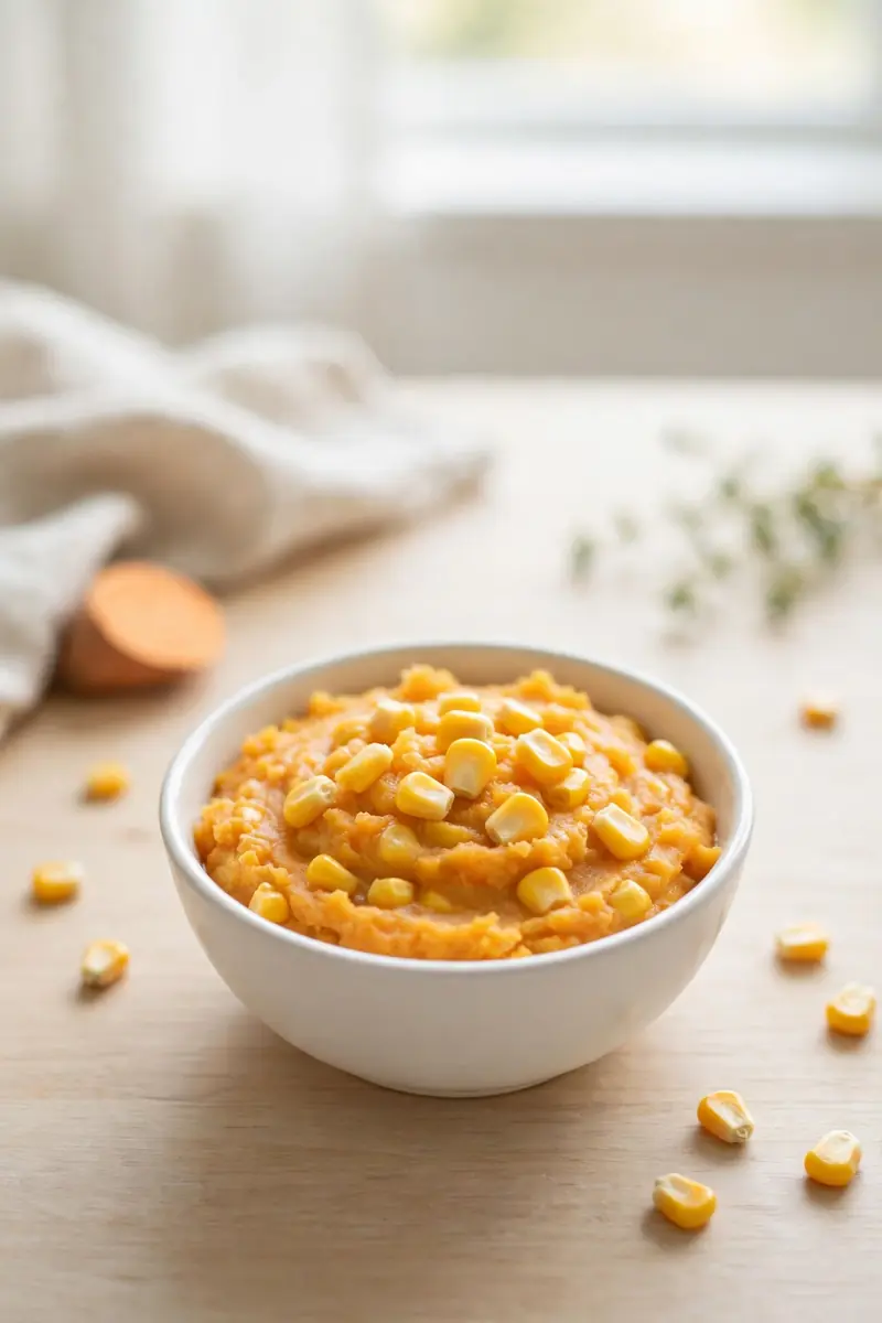 Sweet corn and sweet potato mash for baby in a white bowl