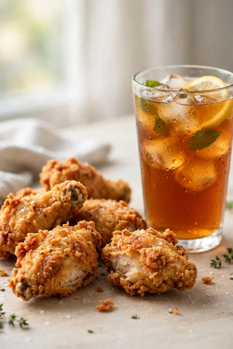 Sweet tea brined fried chicken with golden crust and iced sweet tea