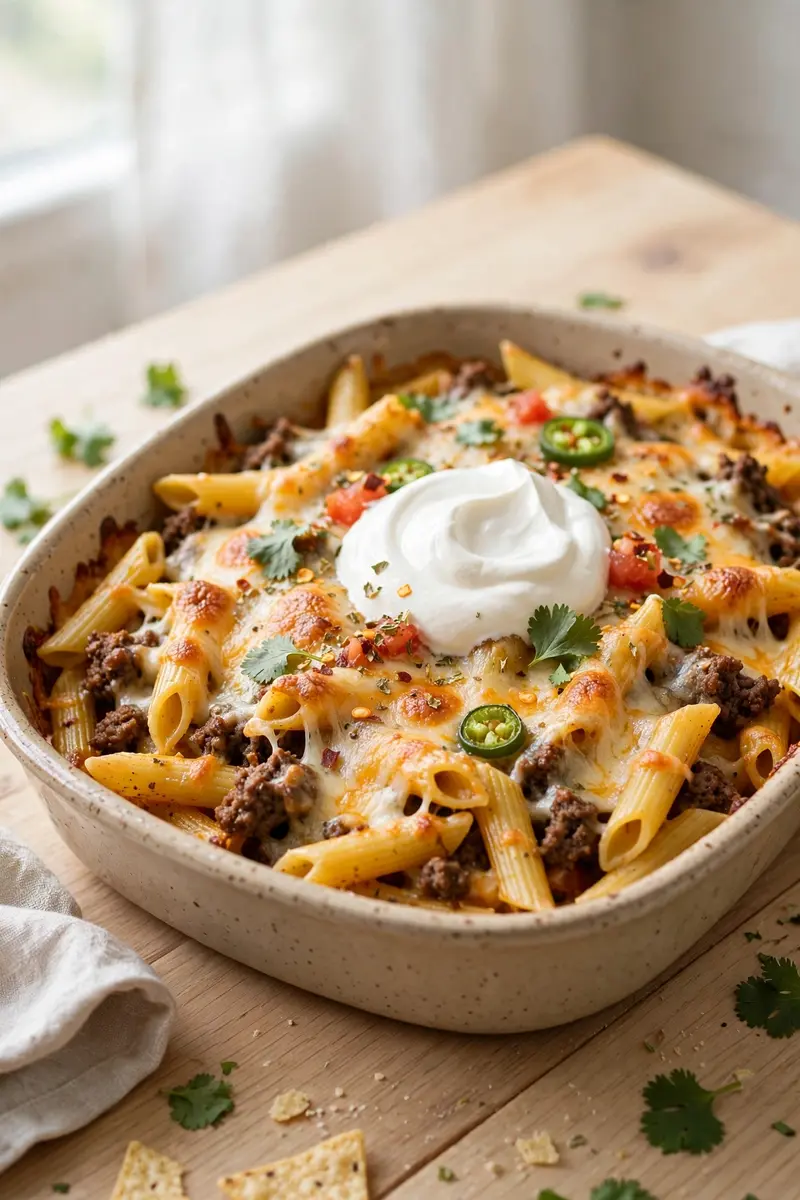 Taco pasta bake with penne, seasoned beef and melted cheese