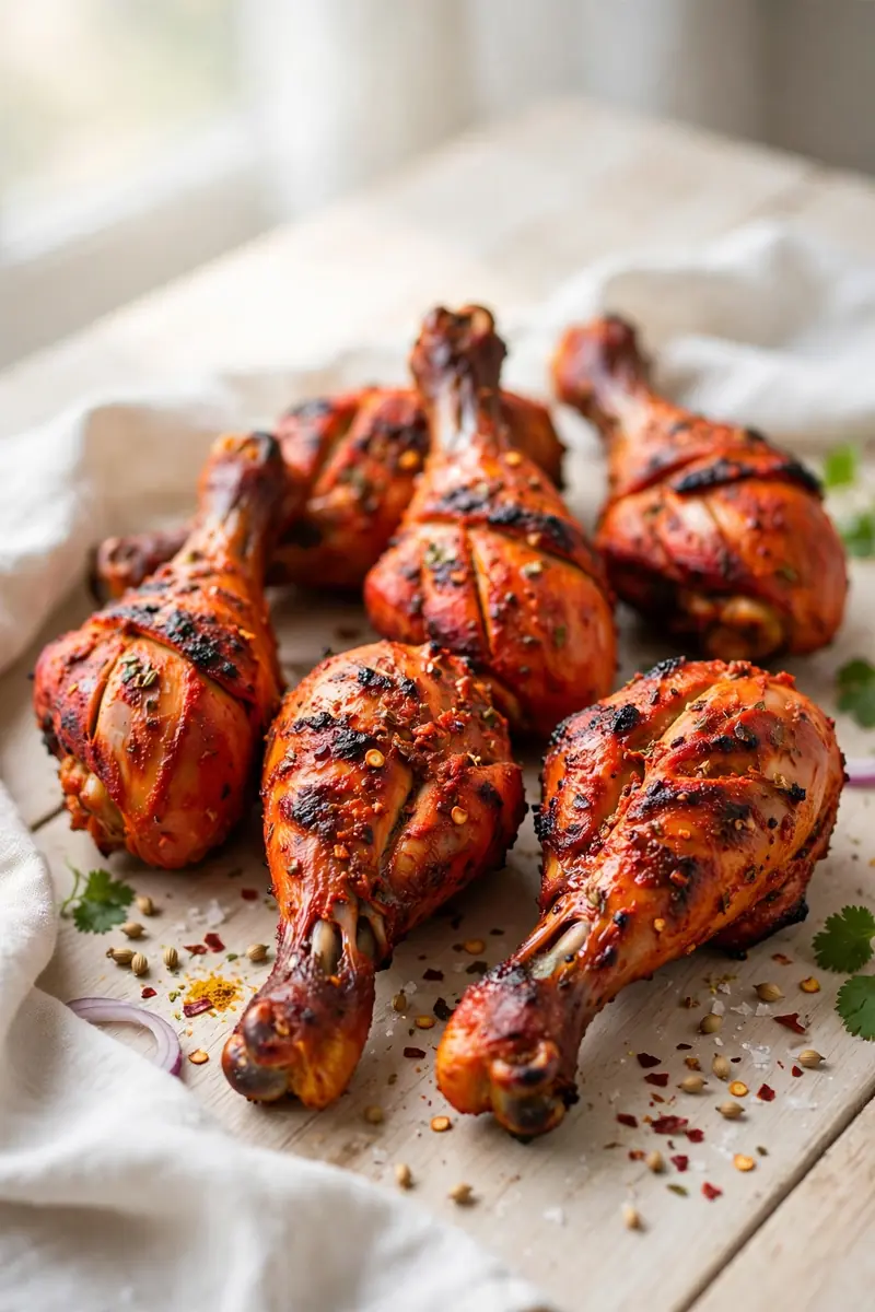 Tandoori style chicken legs with vibrant red orange spiced yogurt marinade and charred edges