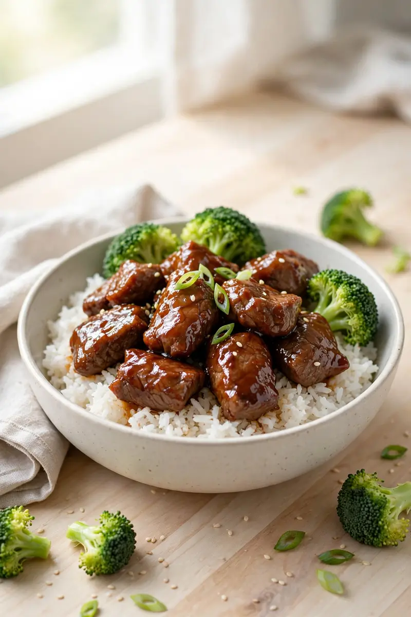 Teriyaki beef tips with glossy glaze over jasmine rice