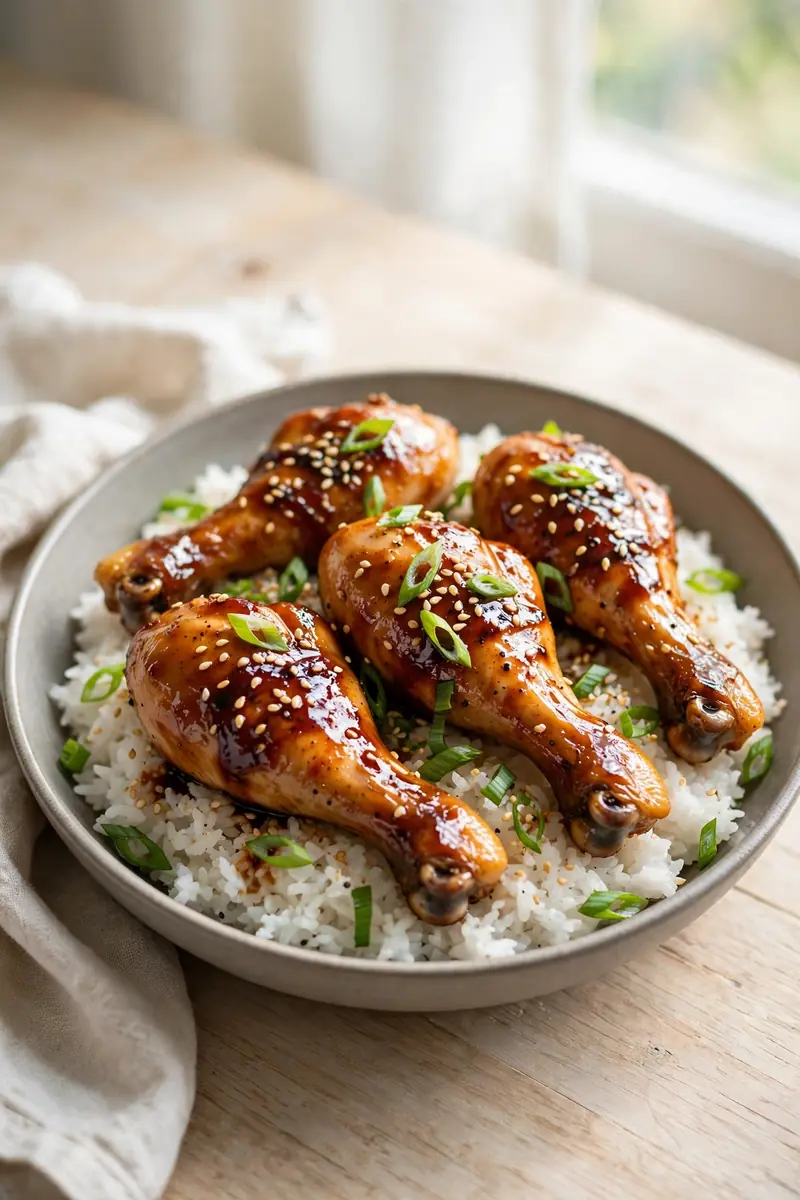 Teriyaki chicken legs with glossy glaze, sesame seeds and green onions over rice