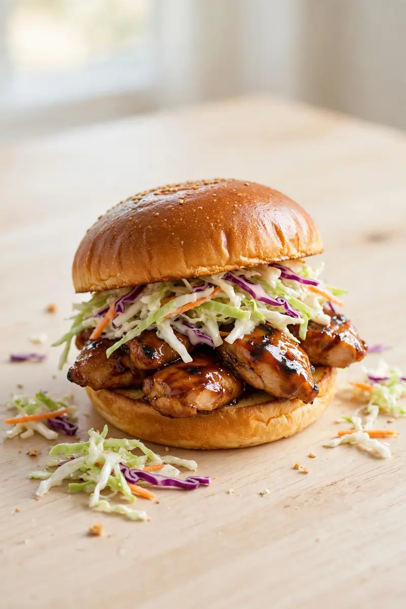Teriyaki chicken sandwich with glazed chicken and cabbage slaw on a brioche bun
