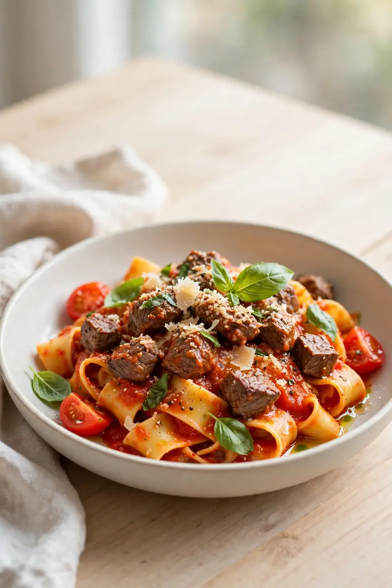Tomato basil beef tips in bright tomato sauce over pasta